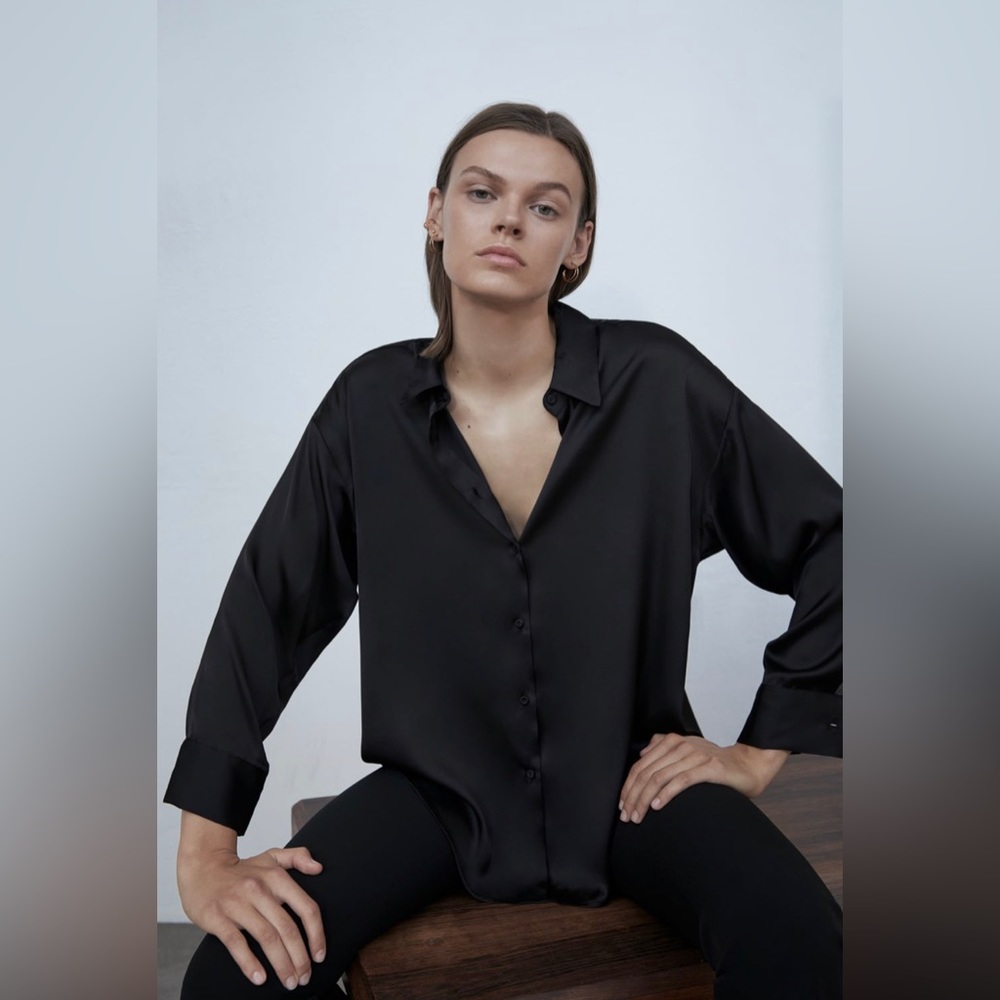 Zara Satin Effect Top Black Button Down Size Large